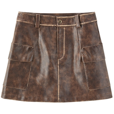 太平鸟女装秋季都市休闲复古PU短裙半身裙A1GEE3440