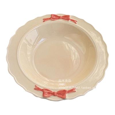 安木良品 韩国ins风高级蝴蝶结珠点花边釉下彩陶瓷甜品点心碟碗盘
