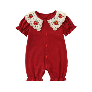 新生婴儿衣服夏季薄款连体哈衣红色满月百天包屁衣女宝宝周岁礼服
