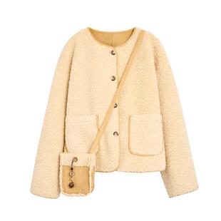 紫涵短款毛绒撞色外套2025年冬季新款保暖简约小香风加厚外套上衣