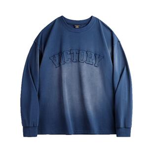 马登工装美式复古字母贴布卫衣渐变色水洗做旧宽松圆领T恤男春季