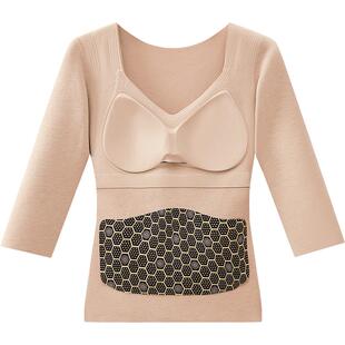 带胸垫保暖内衣短袖文胸加厚五分袖内搭半袖秋衣女士加绒7分袖冬