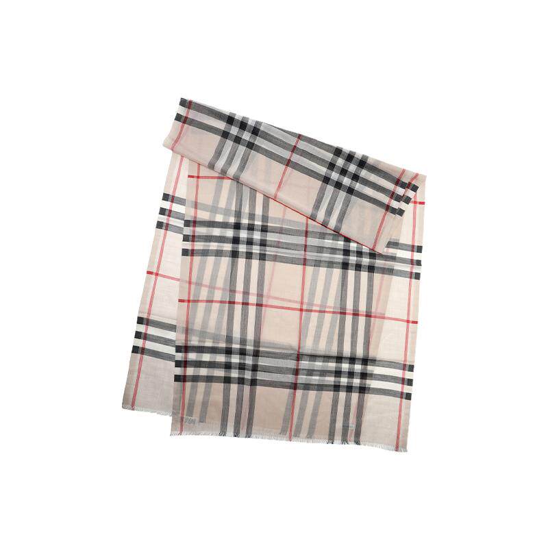 【自营】BURBERRY/博柏利女士羊毛桑蚕丝格纹图案须边长围巾披肩