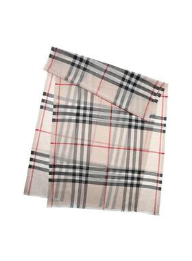 【自营】BURBERRY/博柏利女士羊毛桑蚕丝格纹图案须边长围巾披肩