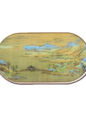 新中式宋锦摆件椭圆形客厅书房茶室古典绿色山水亚克力屏风装饰品