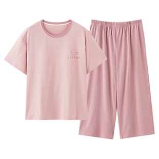 芬腾可安睡衣女款2026新款夏季棉绸带胸垫短袖七分裤大码夏天套装