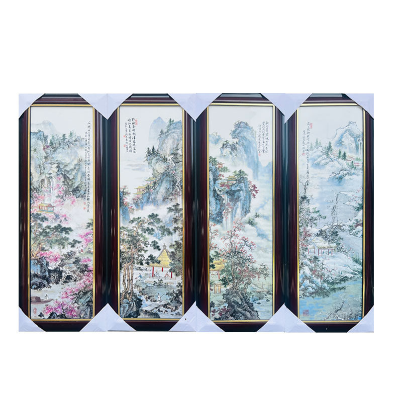 中式风陶瓷四条屏带框包邮手绘