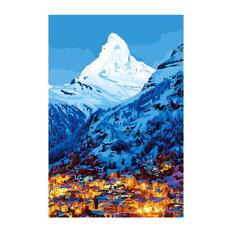 自油自画DIY数字油画雪山夜色