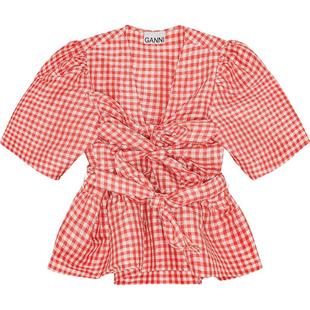 【甄选折扣】GANNI女装 红白格纹V领扭结法式上衣衬衫 W0843847