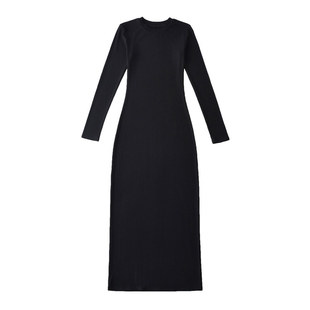 欧美ins风圆领百搭简约高弹紧身包臀长袖连衣裙打底长裤卡戴珊连