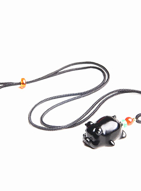 天然黑曜石小猪挂件趴趴猪项链