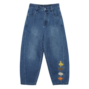 MOVEUP幻走2025秋季新款.FUN系列纯棉后腰松紧绣花直筒牛仔裤女