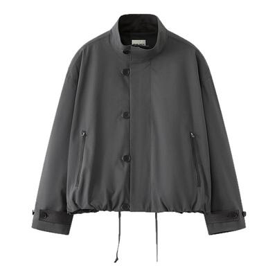 三防环保皮革立领拼接抽褶外套