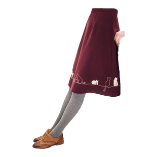 MP复古原创设计 新年猫咪刺绣酒红A字裙优雅高腰半裙春秋冬