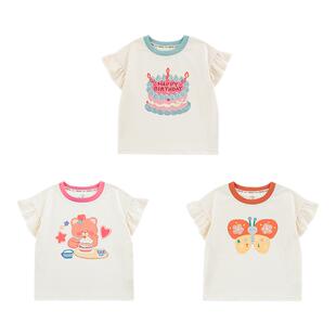 幼悠女童卡通印花短袖2025夏季俏皮可爱荷叶飞袖撞色罗纹休闲上衣