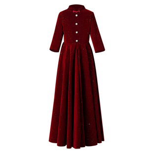 新款女童红色晚礼服丝绒长款中式古筝演出指挥主持朗诵舞台表演