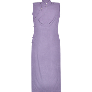 茉茉春夏季 小连袖半开襟中长款 复古文艺日常纯色棉绸旗袍 云烟