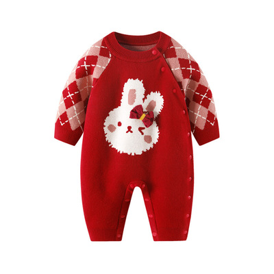 婴儿衣服连体衣秋冬新生宝宝满月红色加绒新年过年拜年服外套女宝