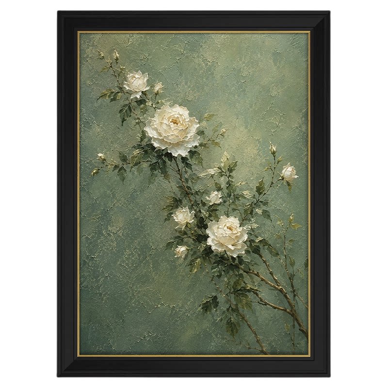 中古风花卉手绘油画立体浮雕装饰画复古美式客厅卧室背景墙挂画