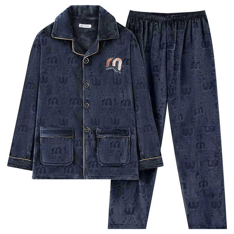 秋冬款睡衣男士加厚加绒中老年人加肥加大码爸爸珊瑚绒家居服套装