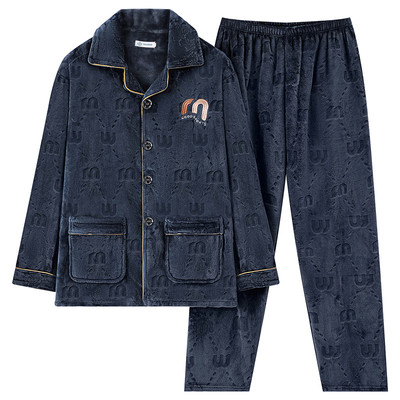 秋冬款睡衣男士加厚加绒中老年人加肥加大码爸爸珊瑚绒家居服套装