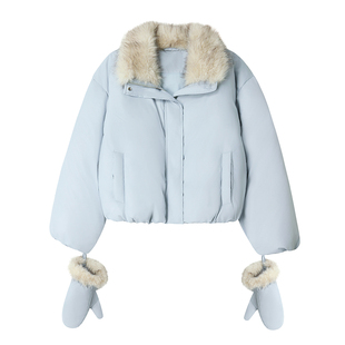 【北海初雪日】Uena蓝色宽松落肩袖羽绒服加厚外套女毛领手套可拆