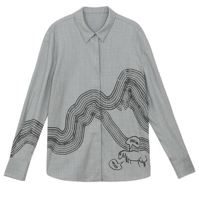 谜底衬衫长袖女冬新品通勤风复古印花落肩宽松衬衣244GC1539