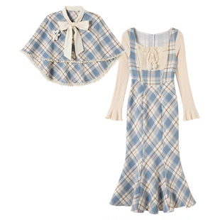 织物猪 雾海人鱼 千金风假两件针织鱼尾连衣裙女秋冬长袖包臀裙子