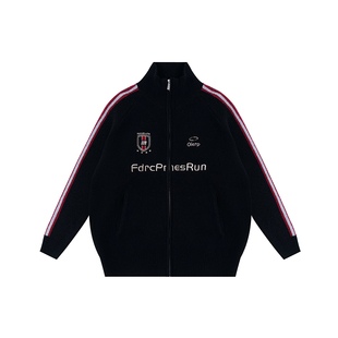 FDR官方店 徽章袖子拼接毛衣男女秋冬季复古运动立领开衫外套上衣