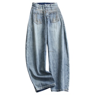 复古高腰显瘦个性刺绣前贴口袋弯刀裤百搭阔腿裤女长裤牛仔裤M347