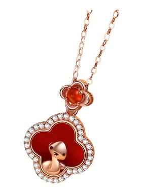 四叶草萌蛇项链女纯银925小众设计本命年红玛瑙吊坠生肖生日礼物