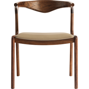 良年 蜜思餐椅实木椅子靠背带扶手北欧牛皮黑胡桃木现代茶椅家用