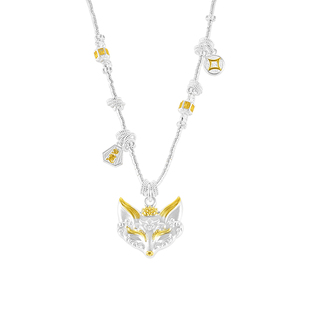 银千造 双面灵狐项链足银999实心描金古法银项链狐狸银吊坠毛衣链