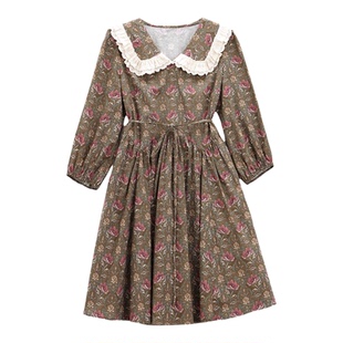 芭依璐2026春季新品连衣裙女七分袖荷叶边蕾丝花边系带拼接长裙子