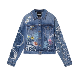 Desigual【明星同款】重工花卉刺绣牛仔中蓝丹宁色外套