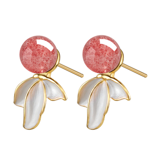 天然草莓晶粉水晶鱼尾耳饰简约清新招桃花女银针耳钉耳饰耳环女款