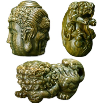 绿檀木雕工艺品佛魔狮子球手把件