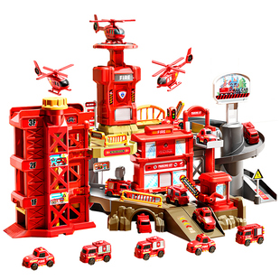 消防轨道车滑行儿童停车场小火车电动男孩汽车闯关大冒险益智玩具