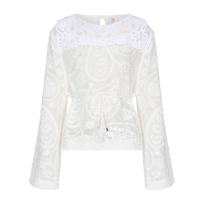 脸儿艺 手工绣花 翻领 通身刺绣腰果花 清新白 森女上衣