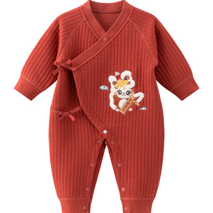 新生儿夹丝保暖连体衣秋冬季宝宝满月衣服婴幼儿红色新年拜年服
