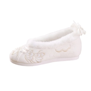 冬季汉服女古风加绒棉鞋内增高坡跟淡雅绣花鞋民族风古装绣花女鞋