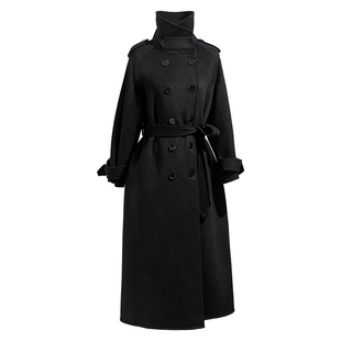 「伦敦的爱」黑色中长款立领羊绒大衣女2025保暖显瘦双面呢大衣