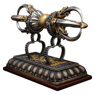 黄铜五股金刚杵降魔杵一字普巴杵西藏密宗银摆件带底座大号把件