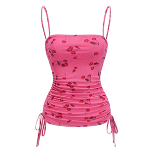 Go Girl Go 自制欧美风樱桃印花抽褶吊带背心女夏收腰辣妹短上衣