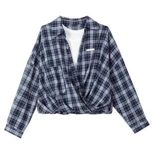 KEIKO 美式蓝格子假两件长袖衬衫2026春季假日休闲独特别致小上衣