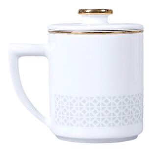 景德镇陶瓷玲珑茶杯办公杯老板盖杯大号金边纯白商务杯带茶漏