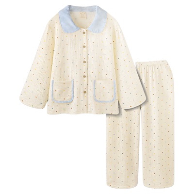 纯棉纱布睡衣女款波点长袖长裤