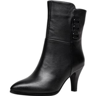 秋冬季女鞋高跟中筒靴女真皮靴子中靴牛皮女靴加绒棉靴单靴春棉鞋