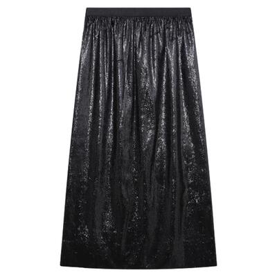 Basic House/百家好黑色亮面金属感半身裙女宽松显瘦百搭中长H裙