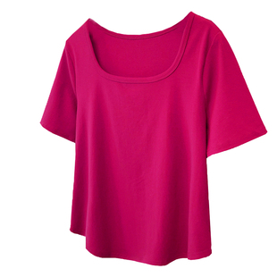 大码女装t恤春夏短袖方领纯棉胖妹妹MM正肩宽松藏肉遮肚上衣200斤